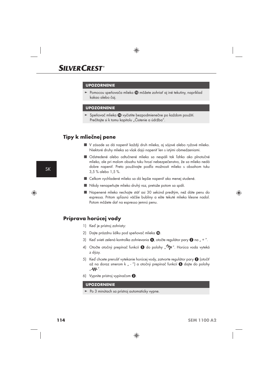 Tipy k mliečnej pene, Príprava horúcej vody | Silvercrest SEM 1100 A2 User Manual | Page 116 / 142