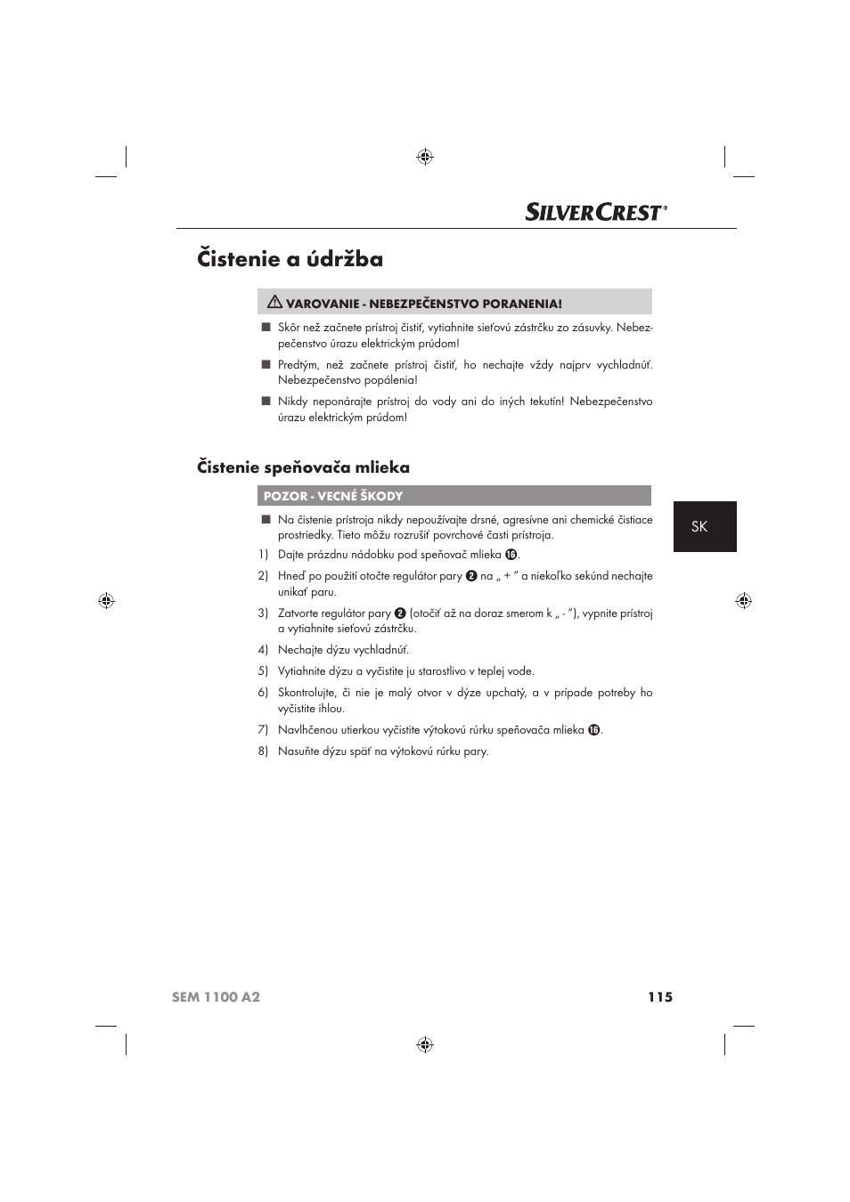 Čistenie a údržba, Čistenie speňovača mlieka | Silvercrest SEM 1100 A2 User Manual | Page 117 / 142