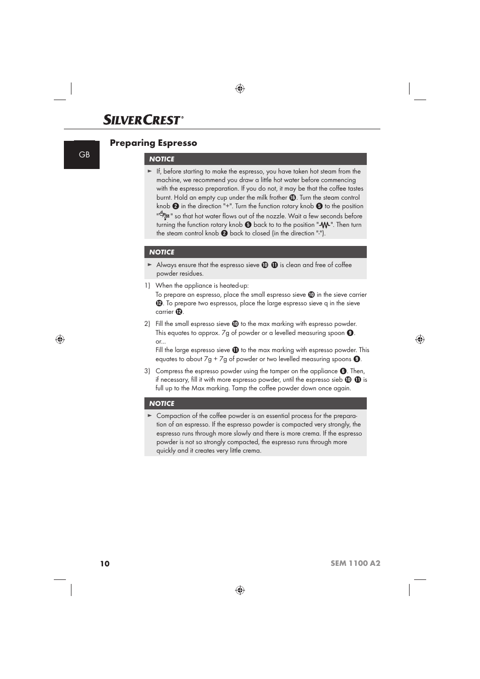 Preparing espresso | Silvercrest SEM 1100 A2 User Manual | Page 12 / 142
