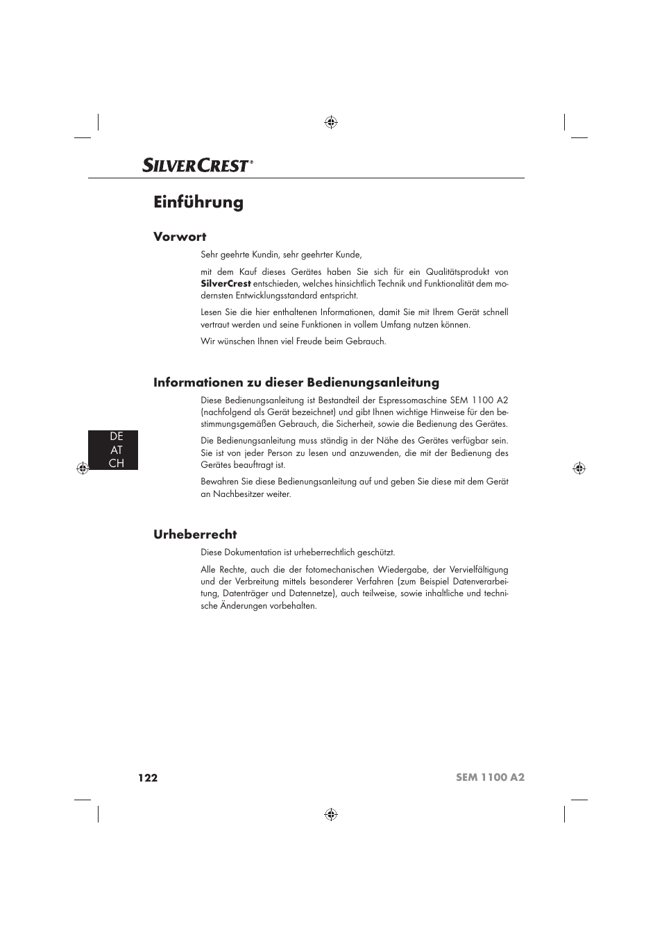 Einführung, Vorwort, Informationen zu dieser bedienungsanleitung | Urheberrecht, De at ch | Silvercrest SEM 1100 A2 User Manual | Page 124 / 142