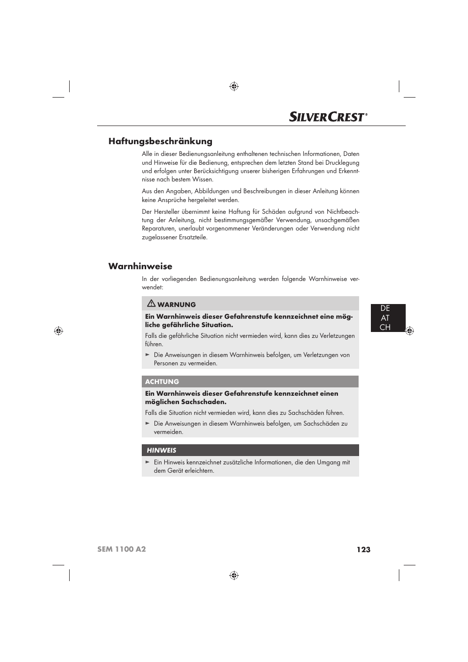 Haftungsbeschränkung, Warnhinweise, De at ch | Silvercrest SEM 1100 A2 User Manual | Page 125 / 142