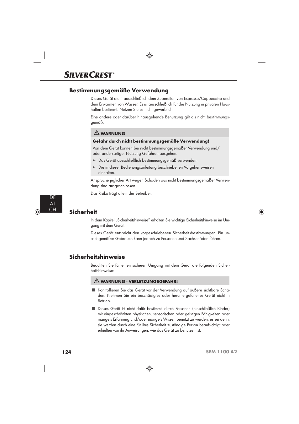 Bestimmungsgemäße verwendung, Sicherheit, Sicherheitshinweise | De at ch | Silvercrest SEM 1100 A2 User Manual | Page 126 / 142