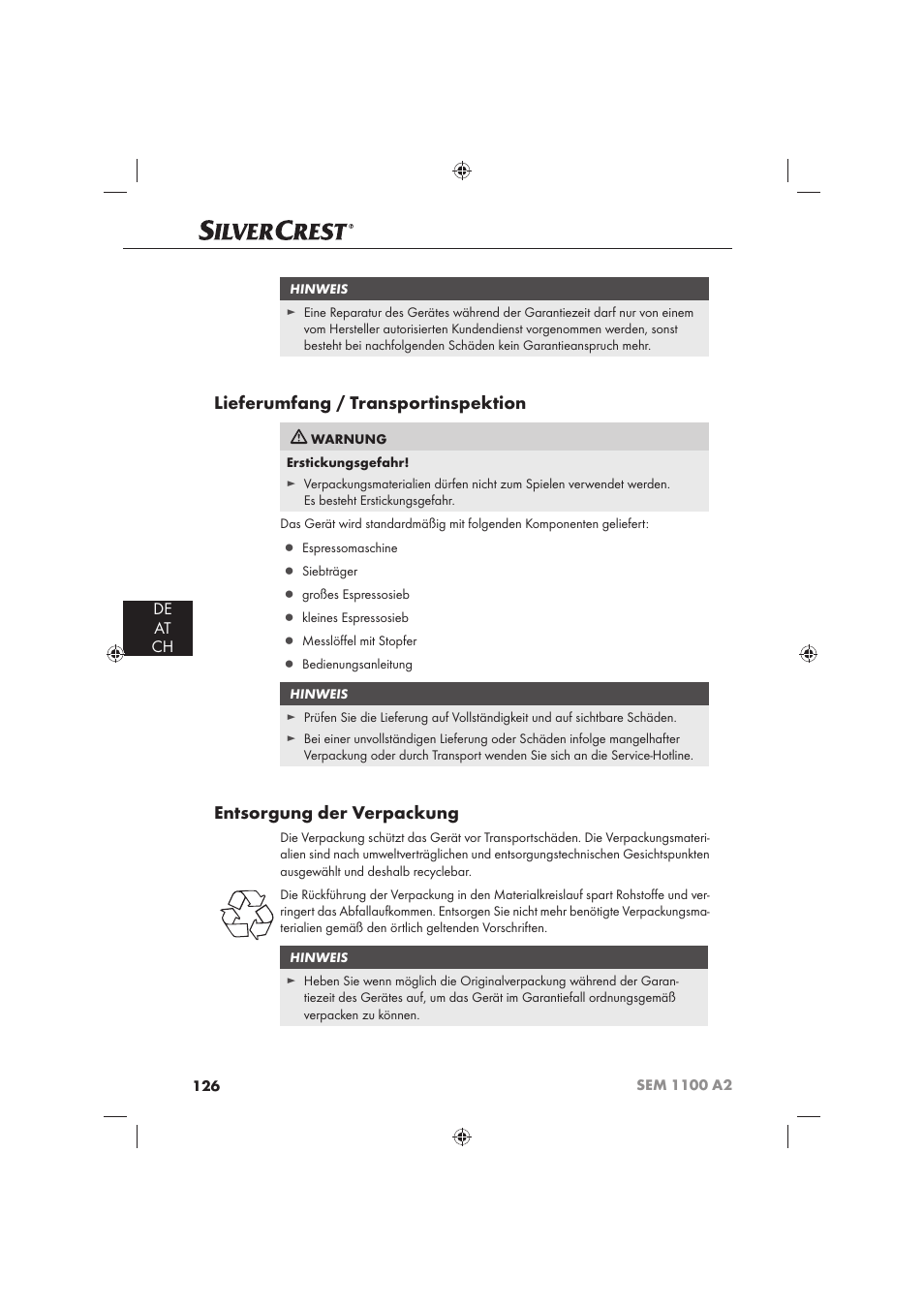 Lieferumfang / transportinspektion, Entsorgung der verpackung, De at ch | Silvercrest SEM 1100 A2 User Manual | Page 128 / 142