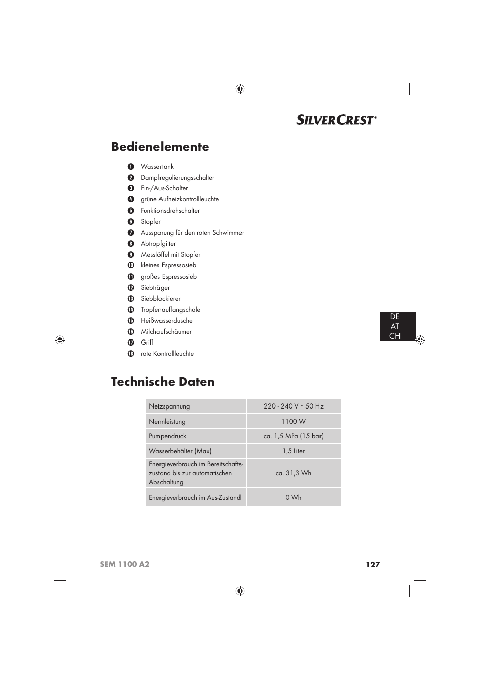 Bedienelemente, Technische daten, De at ch | Silvercrest SEM 1100 A2 User Manual | Page 129 / 142