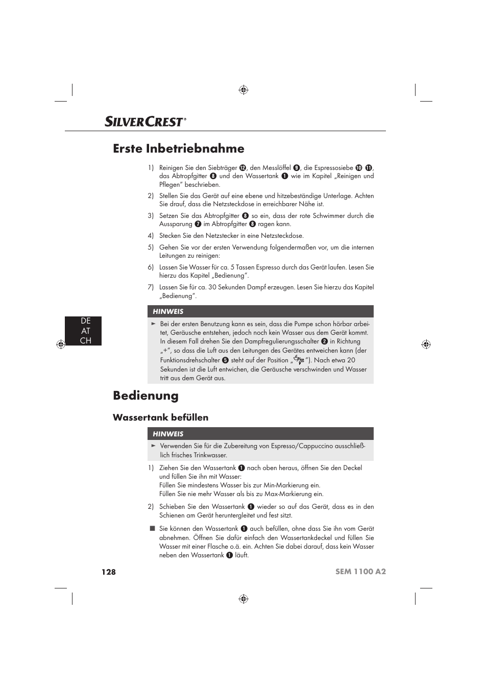 Erste inbetriebnahme, Bedienung, Wassertank befüllen | De at ch | Silvercrest SEM 1100 A2 User Manual | Page 130 / 142