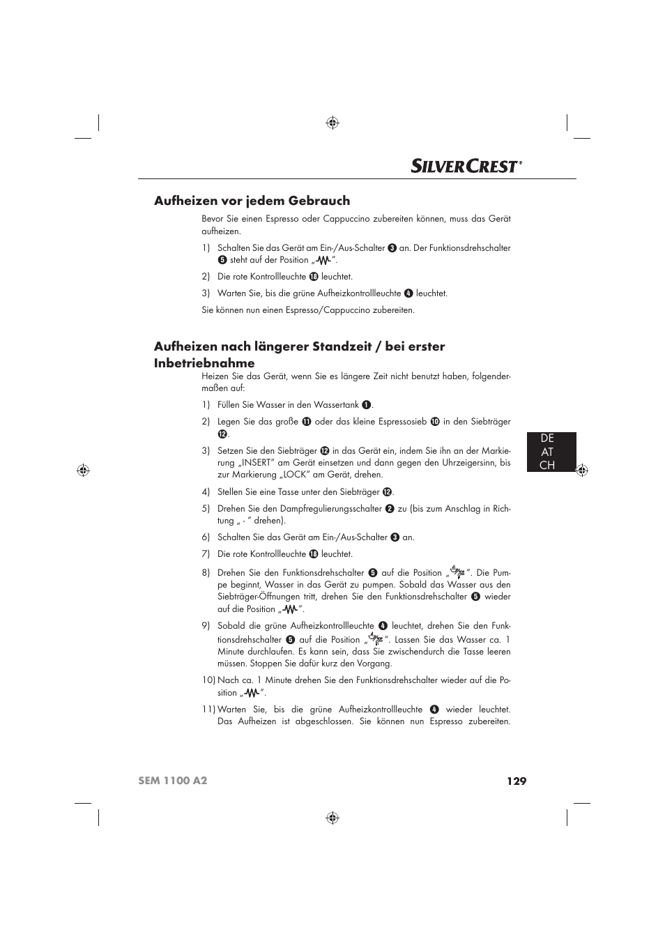 Aufheizen vor jedem gebrauch, De at ch | Silvercrest SEM 1100 A2 User Manual | Page 131 / 142