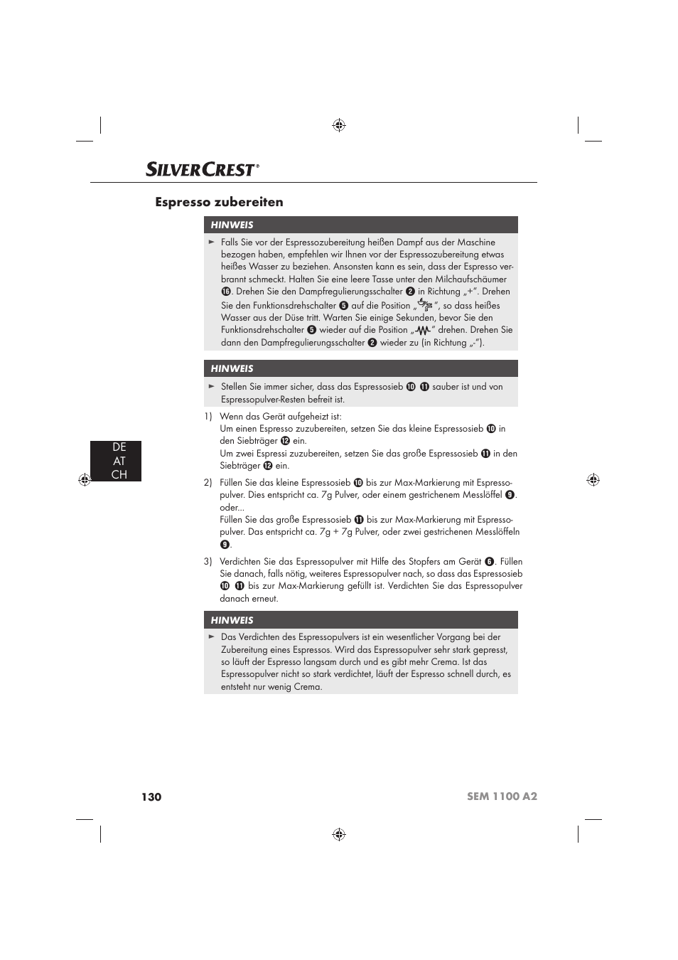 Espresso zubereiten, De at ch | Silvercrest SEM 1100 A2 User Manual | Page 132 / 142