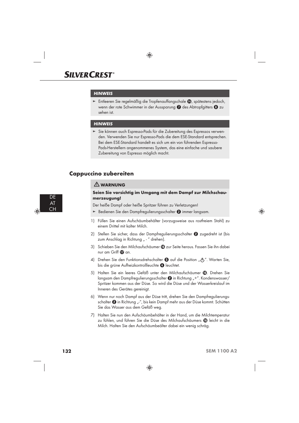 Cappuccino zubereiten, De at ch | Silvercrest SEM 1100 A2 User Manual | Page 134 / 142