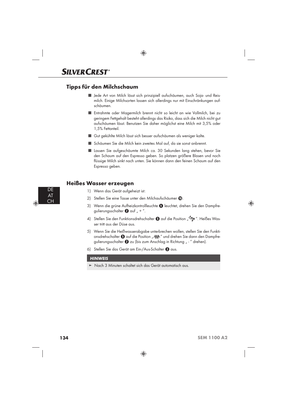 Tipps für den milchschaum, Heißes wasser erzeugen, De at ch | Silvercrest SEM 1100 A2 User Manual | Page 136 / 142