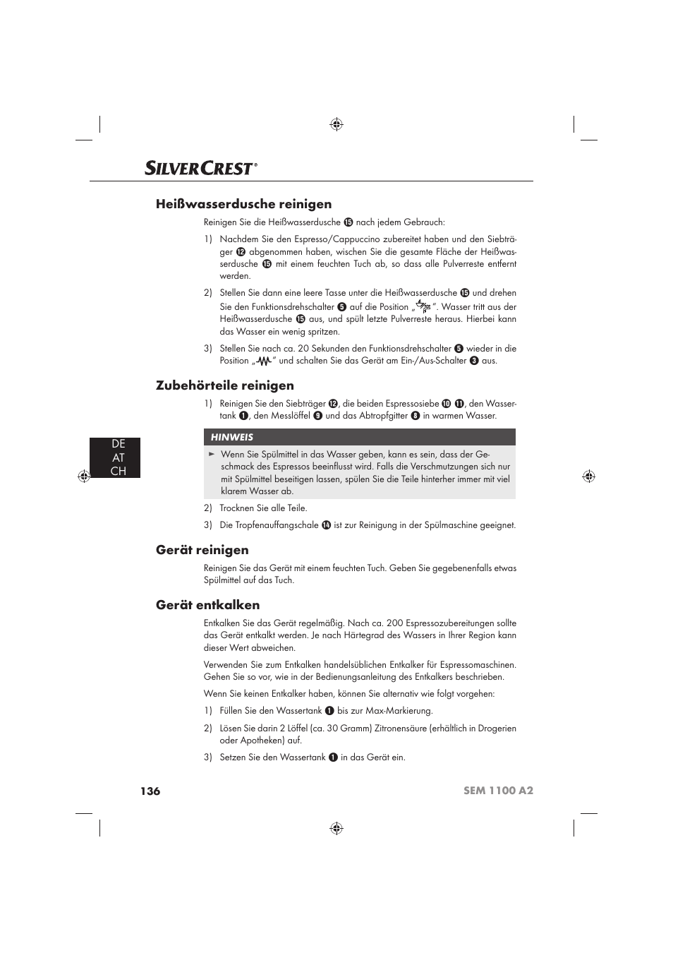 Heißwasserdusche reinigen, Zubehörteile reinigen, Gerät reinigen | Gerät entkalken, De at ch | Silvercrest SEM 1100 A2 User Manual | Page 138 / 142
