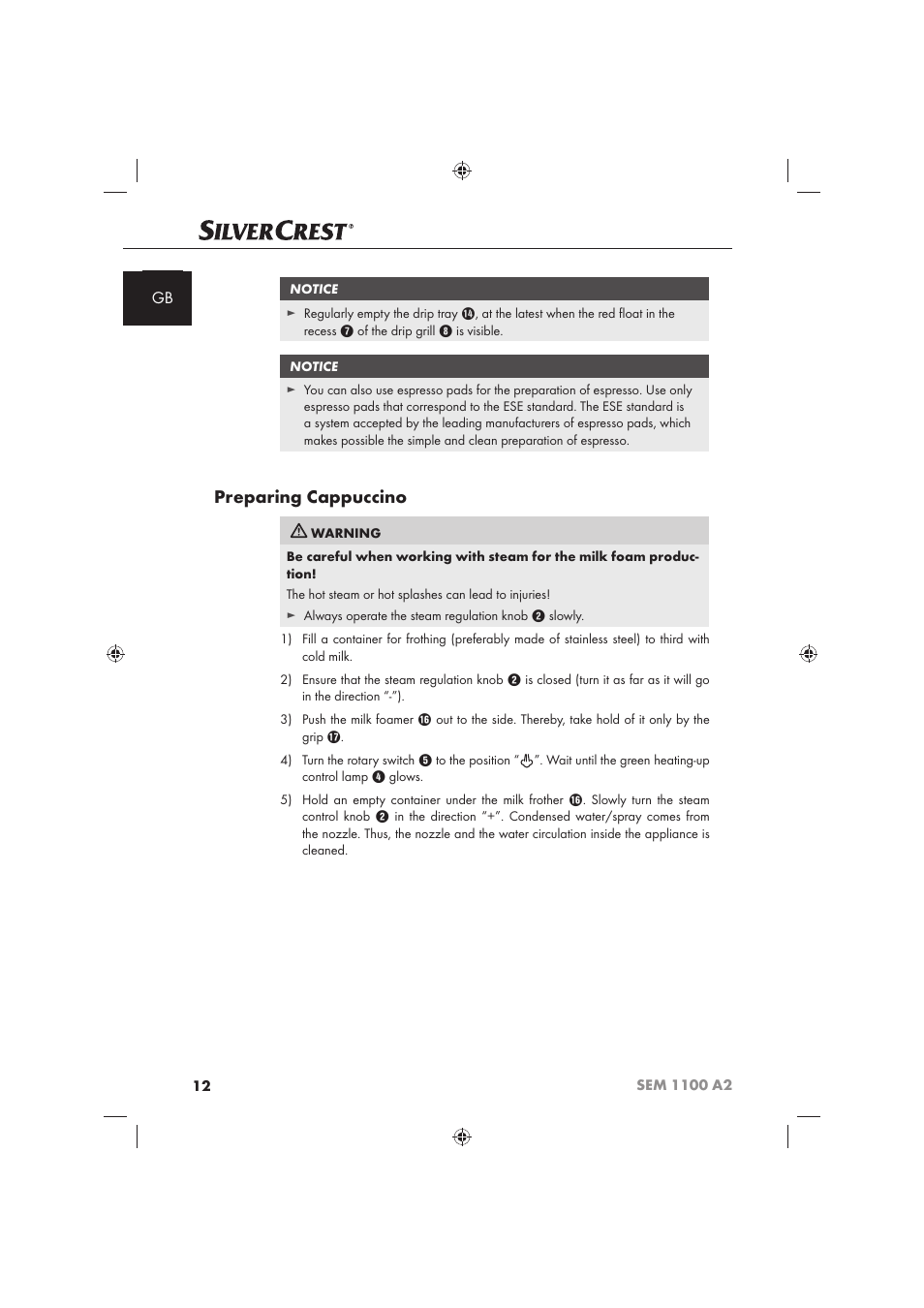 Preparing cappuccino | Silvercrest SEM 1100 A2 User Manual | Page 14 / 142
