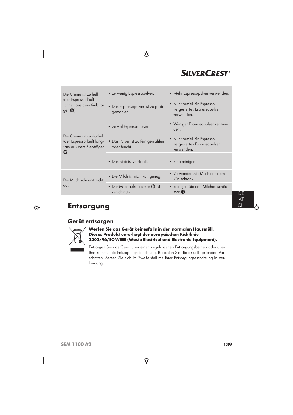 Entsorgung, Gerät entsorgen, De at ch | Silvercrest SEM 1100 A2 User Manual | Page 141 / 142