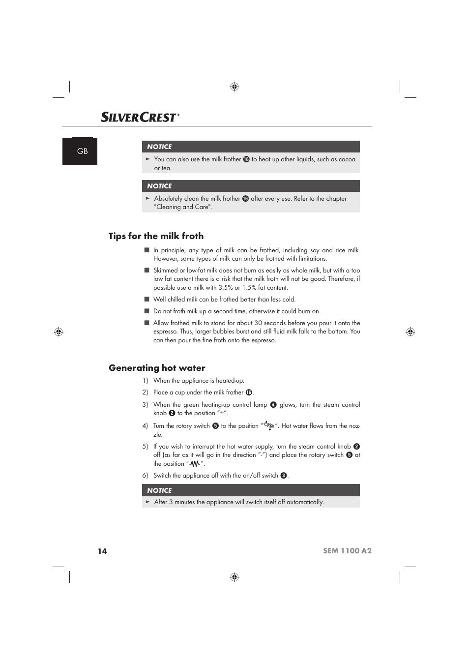 Tips for the milk froth, Generating hot water | Silvercrest SEM 1100 A2 User Manual | Page 16 / 142