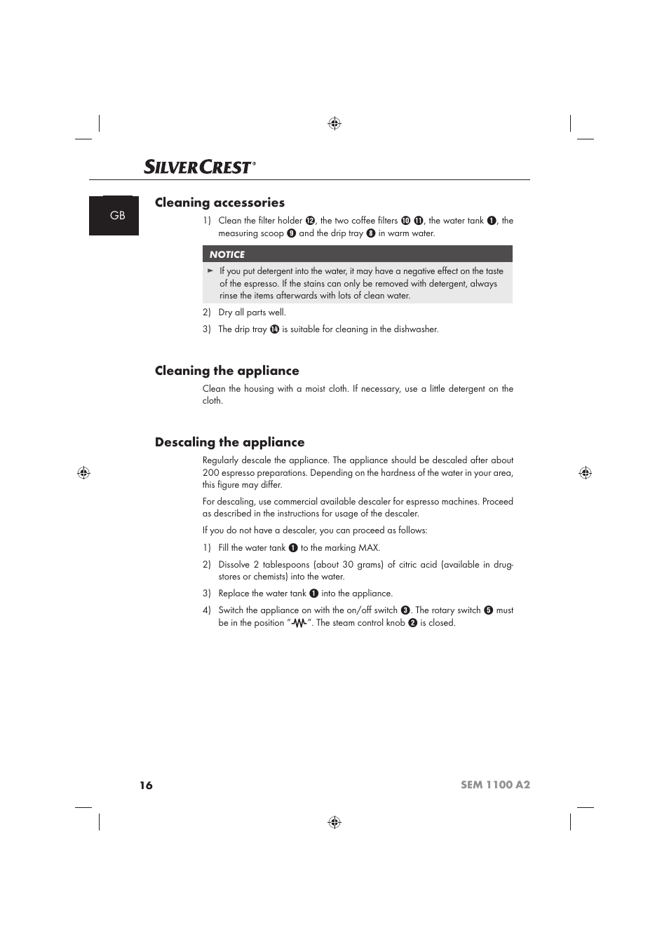Cleaning accessories, Cleaning the appliance, Descaling the appliance | Silvercrest SEM 1100 A2 User Manual | Page 18 / 142