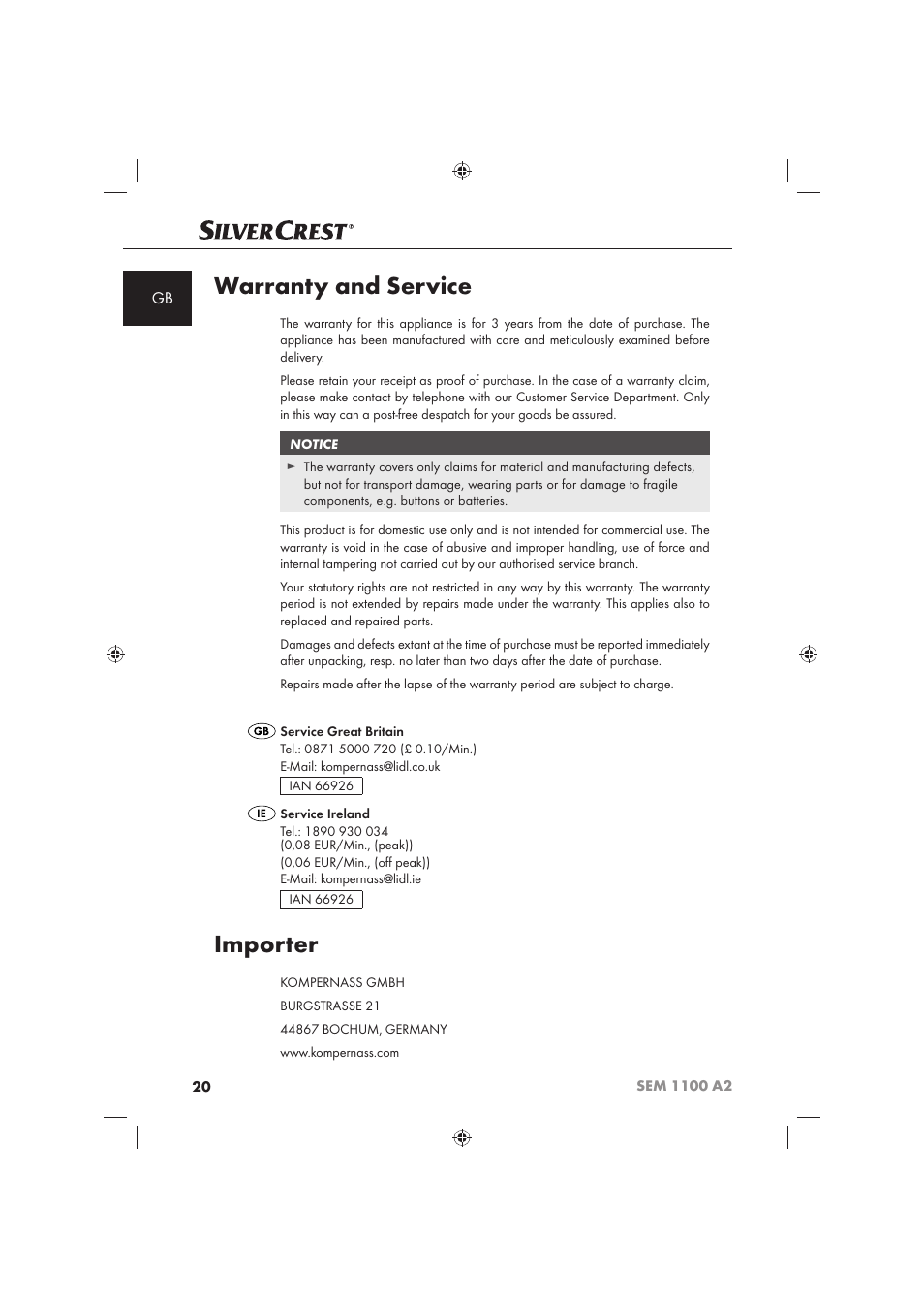 Warranty and service, Importer | Silvercrest SEM 1100 A2 User Manual | Page 22 / 142