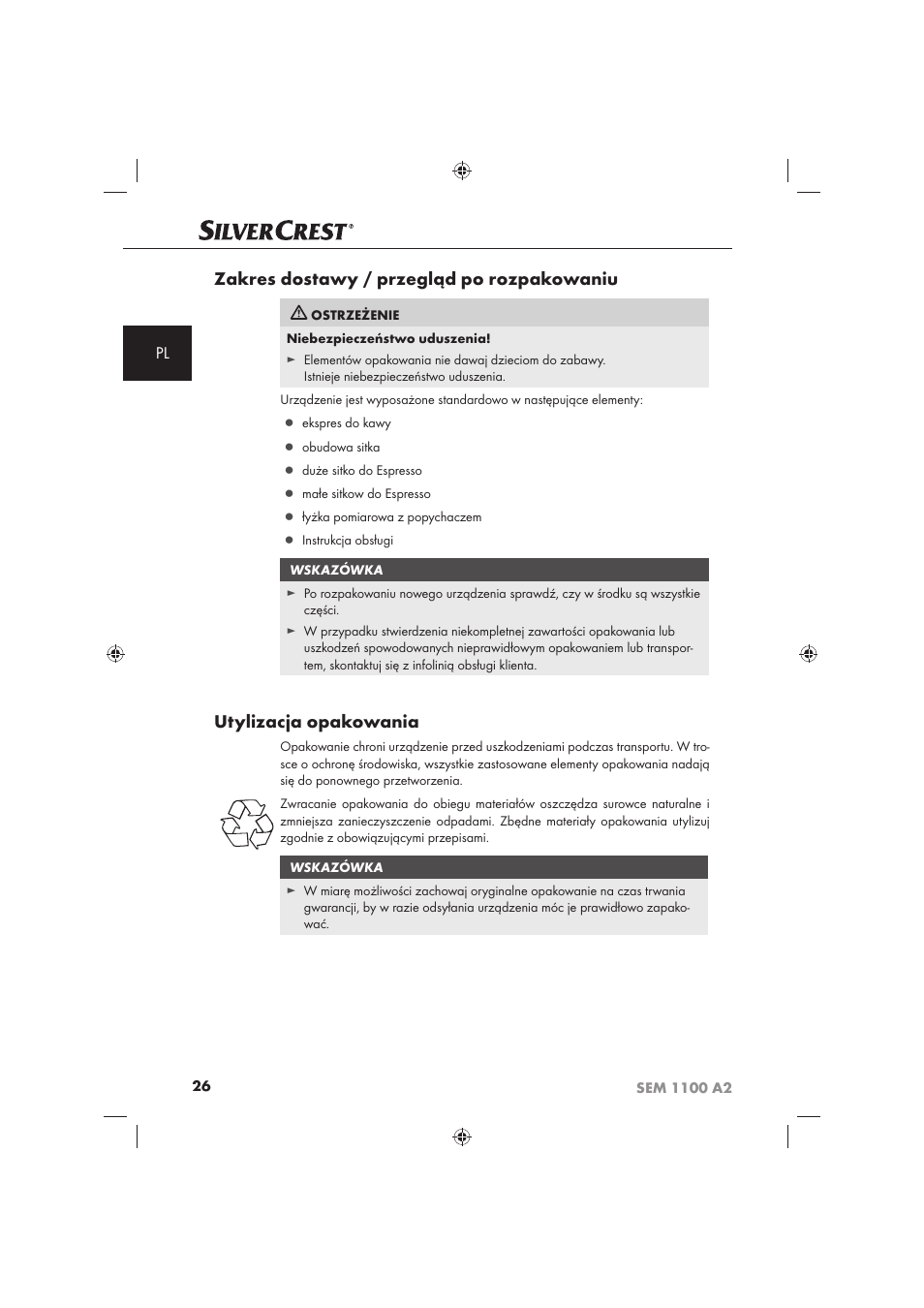 Zakres dostawy / przegląd po rozpakowaniu, Utylizacja opakowania | Silvercrest SEM 1100 A2 User Manual | Page 28 / 142