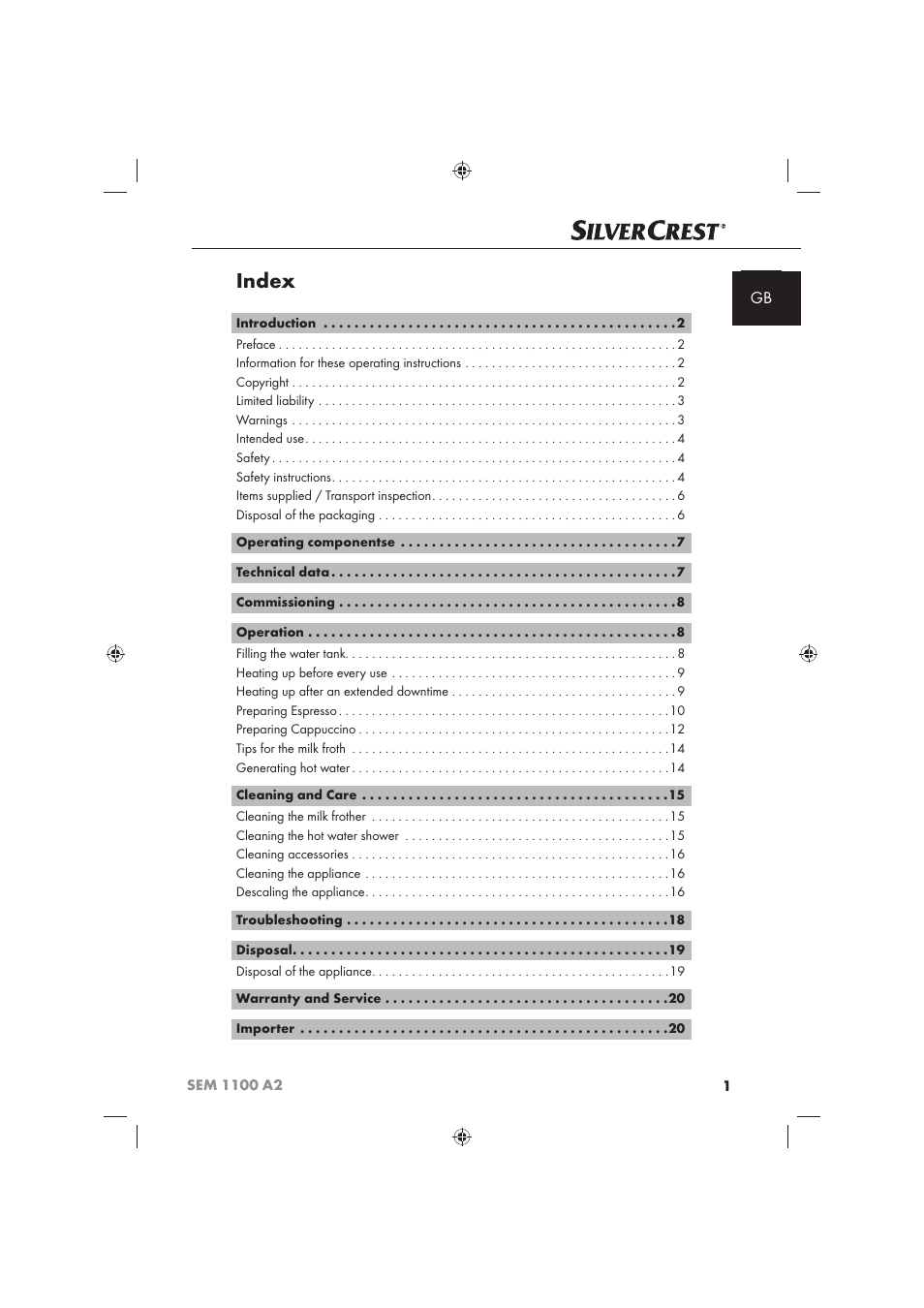 Index | Silvercrest SEM 1100 A2 User Manual | Page 3 / 142