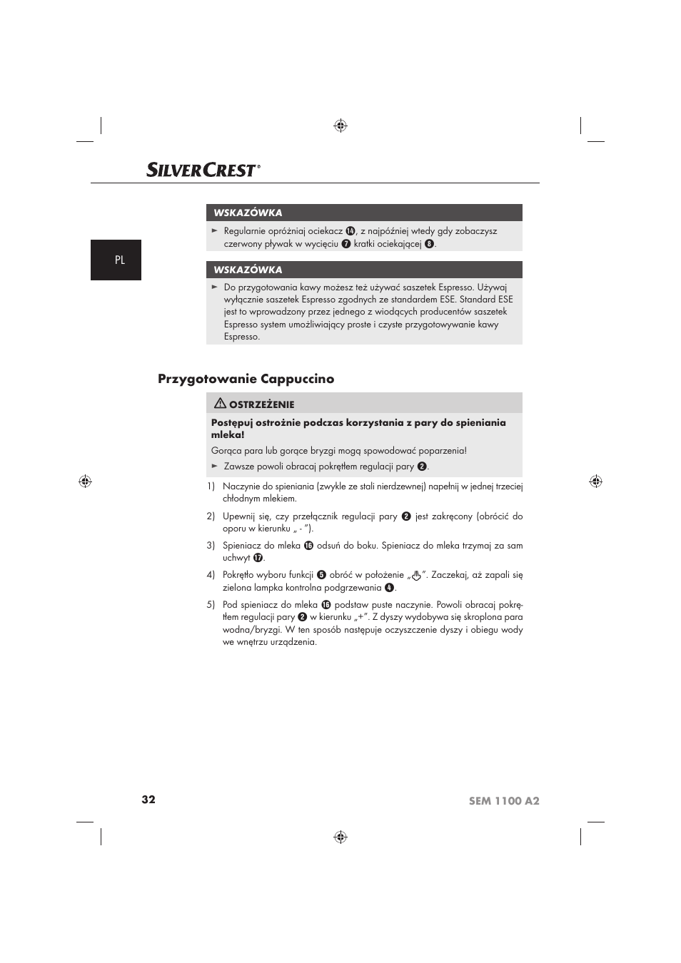 Przygotowanie cappuccino | Silvercrest SEM 1100 A2 User Manual | Page 34 / 142