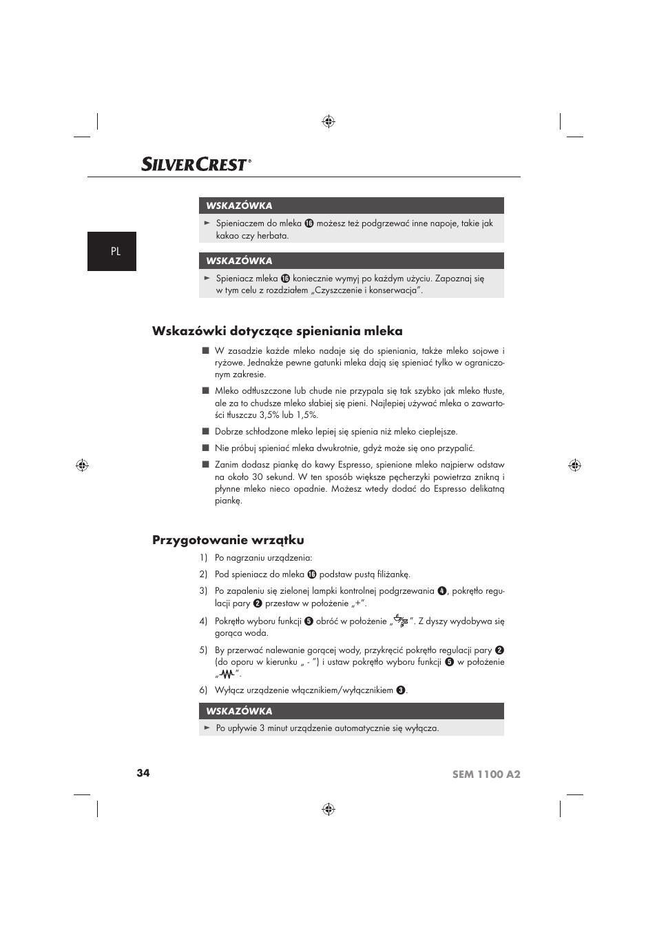 Wskazówki dotyczące spieniania mleka, Przygotowanie wrzątku | Silvercrest SEM 1100 A2 User Manual | Page 36 / 142