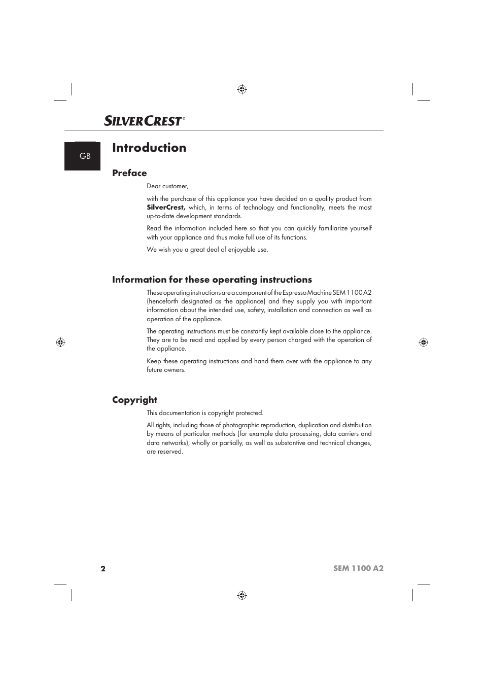 Introduction, Preface, Information for these operating instructions | Copyright | Silvercrest SEM 1100 A2 User Manual | Page 4 / 142