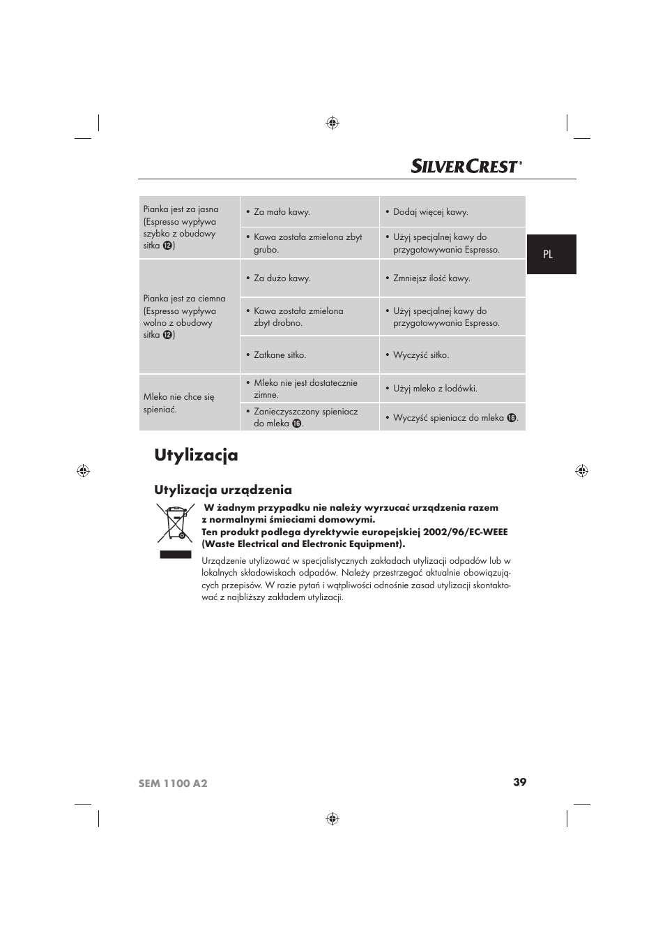 Utylizacja, Utylizacja urządzenia | Silvercrest SEM 1100 A2 User Manual | Page 41 / 142