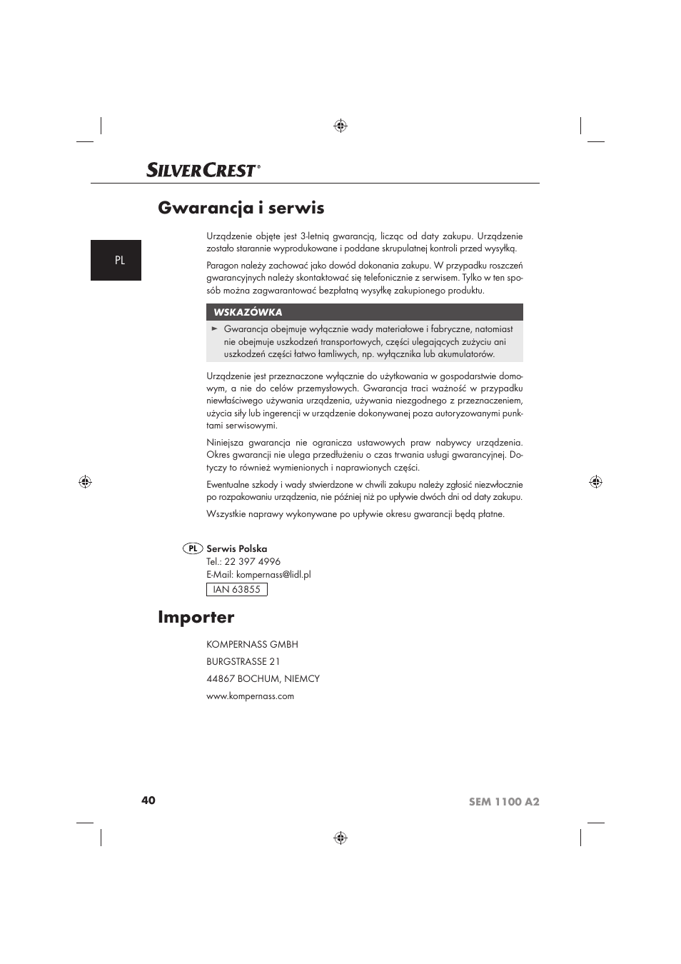 Gwarancja i serwis, Importer | Silvercrest SEM 1100 A2 User Manual | Page 42 / 142