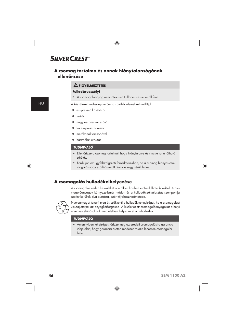 A csomagolás hulladékelhelyezése | Silvercrest SEM 1100 A2 User Manual | Page 48 / 142