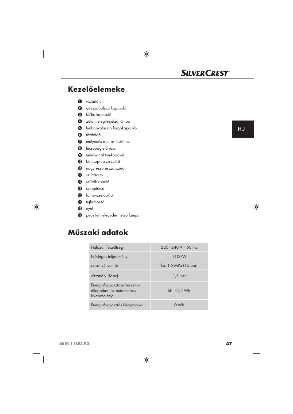Kezelőelemeke, Műszaki adatok | Silvercrest SEM 1100 A2 User Manual | Page 49 / 142