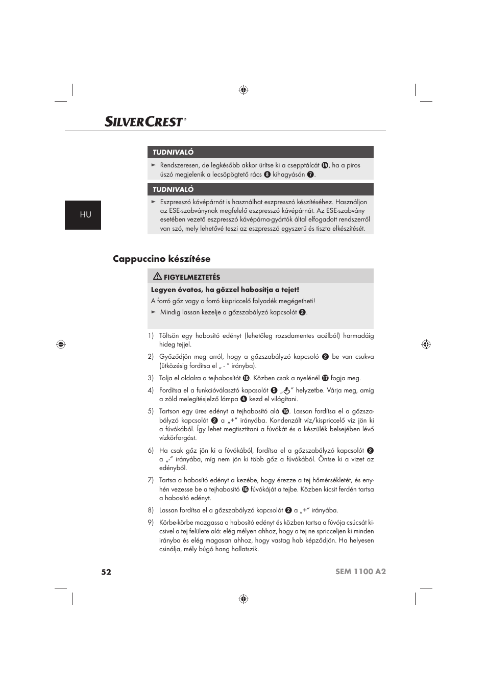 Cappuccino készítése | Silvercrest SEM 1100 A2 User Manual | Page 54 / 142