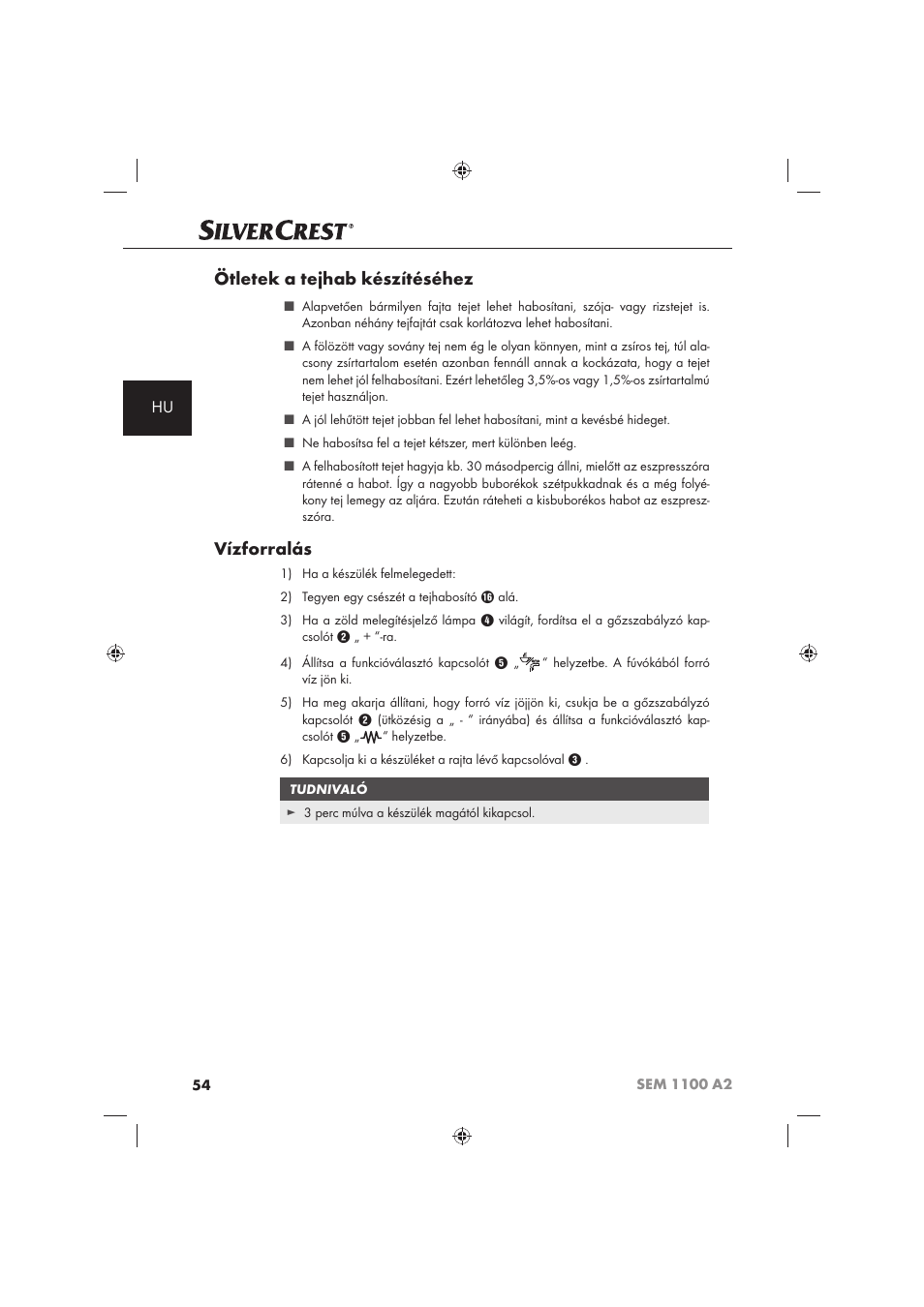 Ötletek a tejhab készítéséhez, Vízforralás | Silvercrest SEM 1100 A2 User Manual | Page 56 / 142