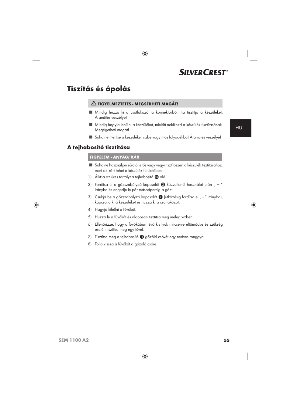 Tiszítás és ápolás, A tejhabosító tisztítása | Silvercrest SEM 1100 A2 User Manual | Page 57 / 142