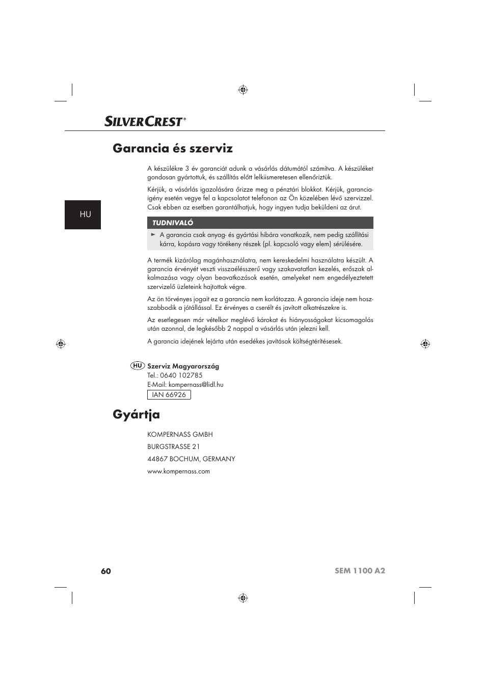 Garancia és szerviz, Gyártja | Silvercrest SEM 1100 A2 User Manual | Page 62 / 142