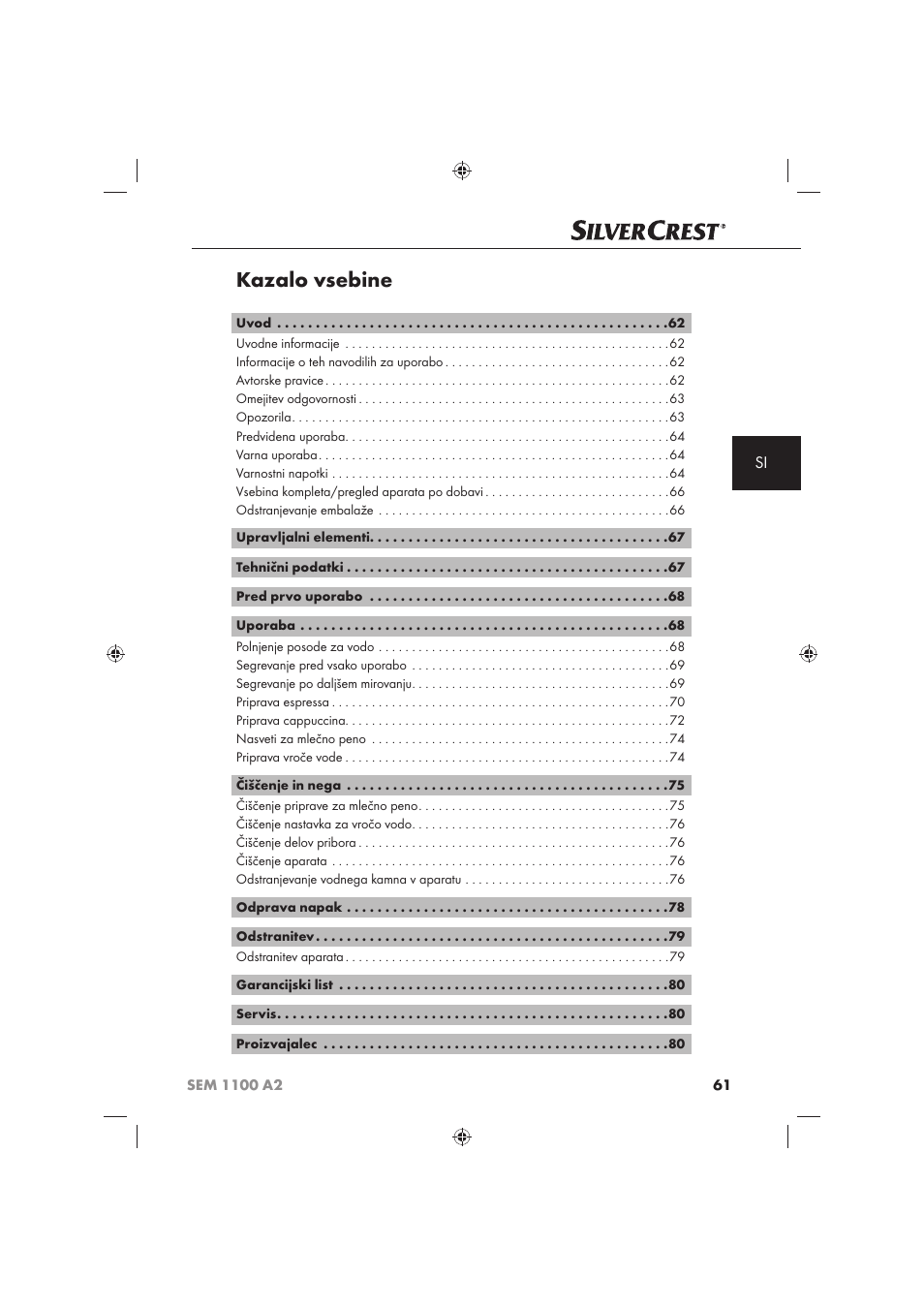Kazalo vsebine | Silvercrest SEM 1100 A2 User Manual | Page 63 / 142