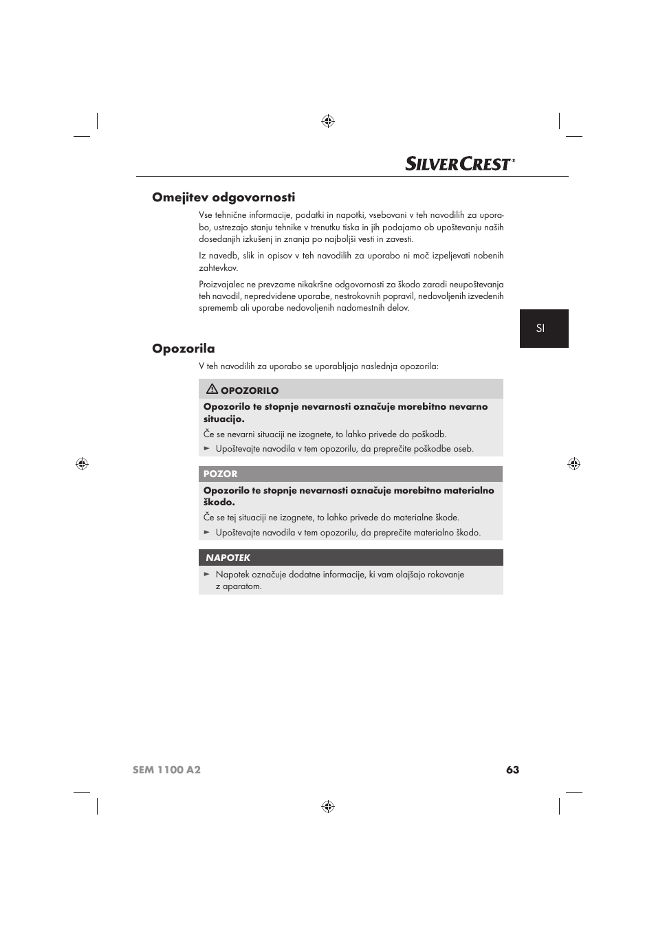 Omejitev odgovornosti, Opozorila | Silvercrest SEM 1100 A2 User Manual | Page 65 / 142