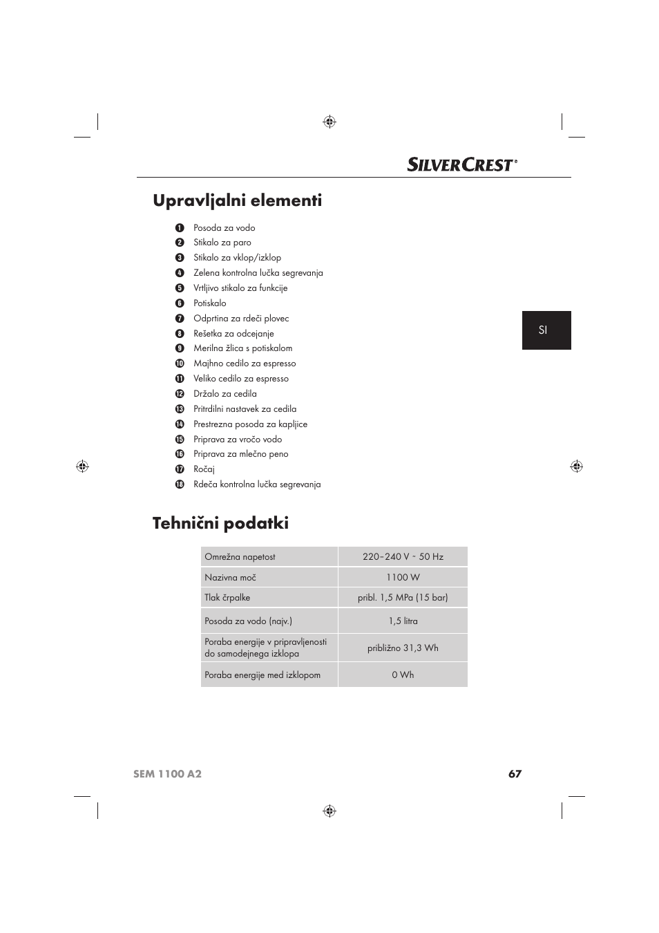 Upravljalni elementi, Tehnični podatki | Silvercrest SEM 1100 A2 User Manual | Page 69 / 142