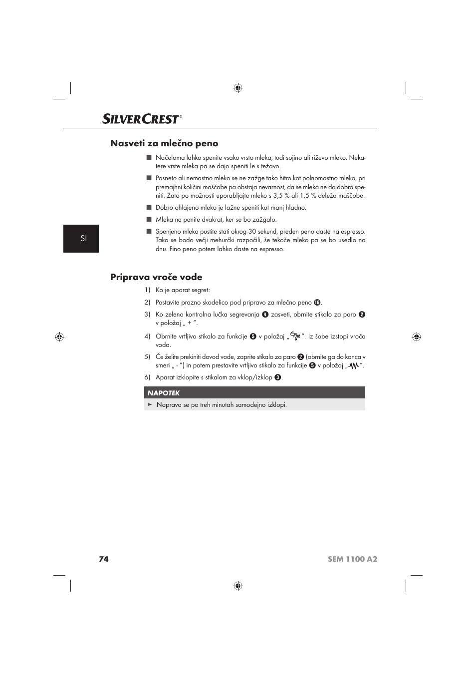 Nasveti za mlečno peno, Priprava vroče vode | Silvercrest SEM 1100 A2 User Manual | Page 76 / 142