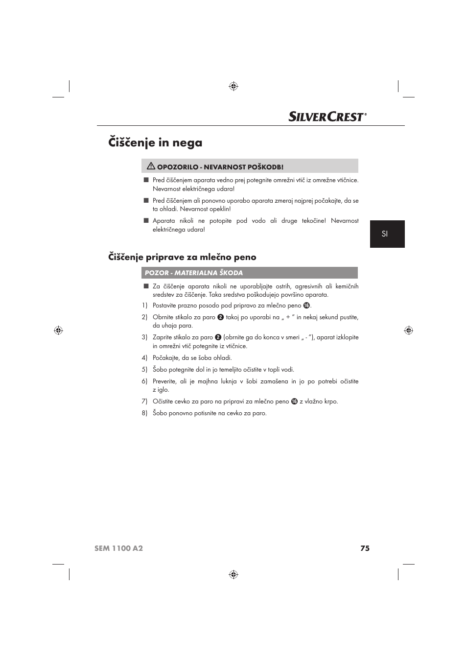 Čiščenje in nega, Čiščenje priprave za mlečno peno | Silvercrest SEM 1100 A2 User Manual | Page 77 / 142