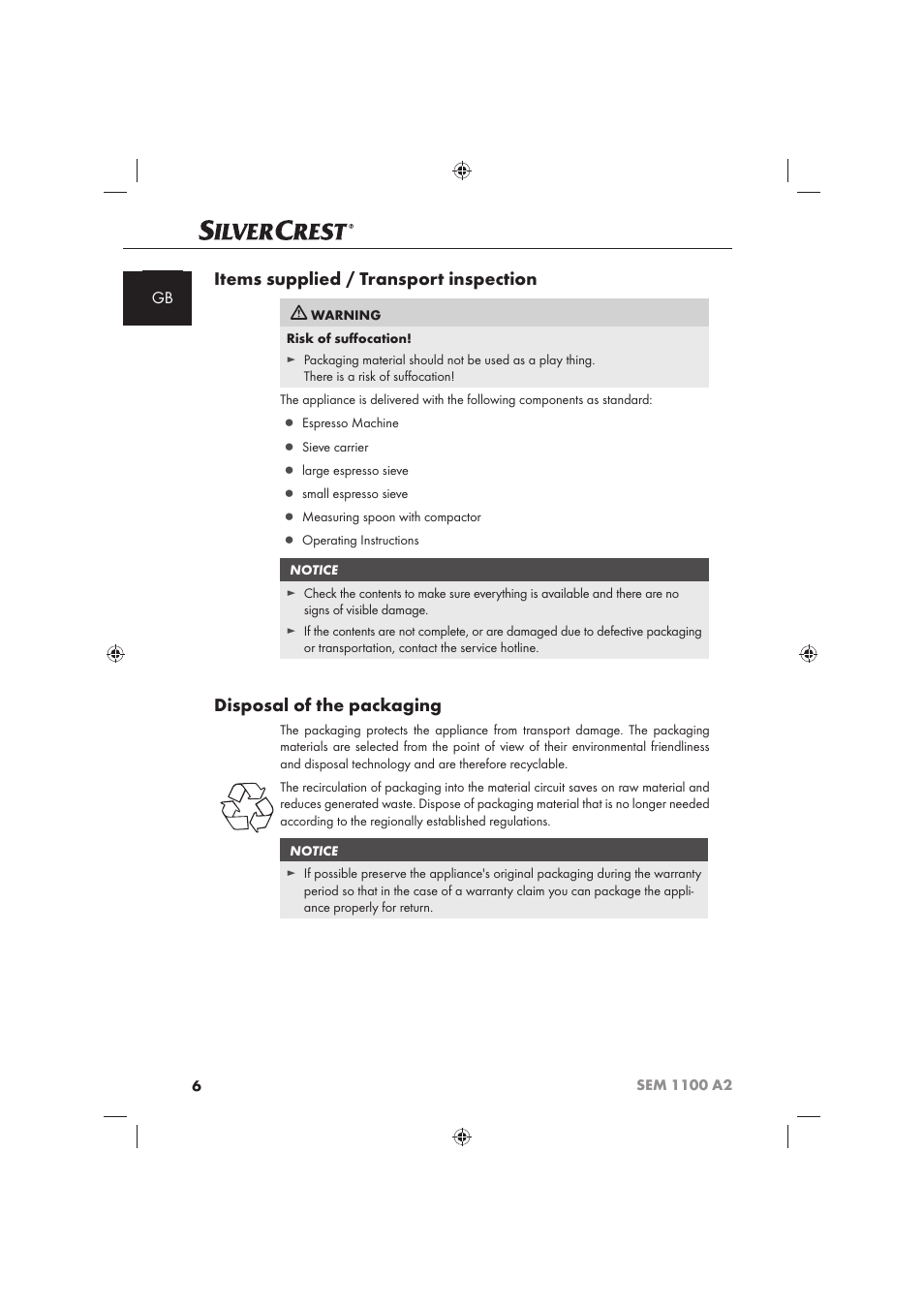 Items supplied / transport inspection, Disposal of the packaging | Silvercrest SEM 1100 A2 User Manual | Page 8 / 142
