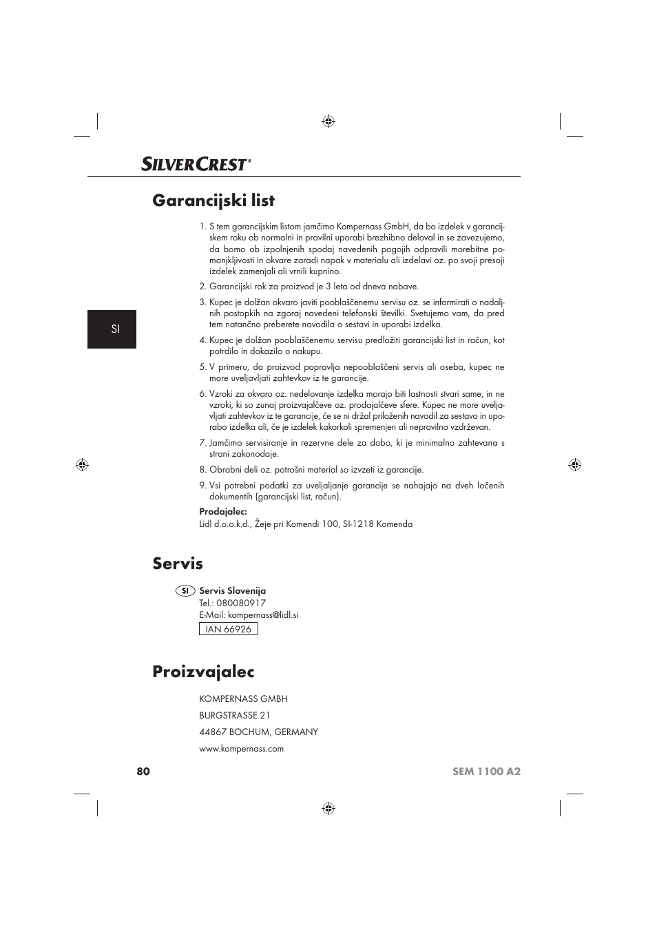 Garancijski list, Servis, Proizvajalec | Silvercrest SEM 1100 A2 User Manual | Page 82 / 142
