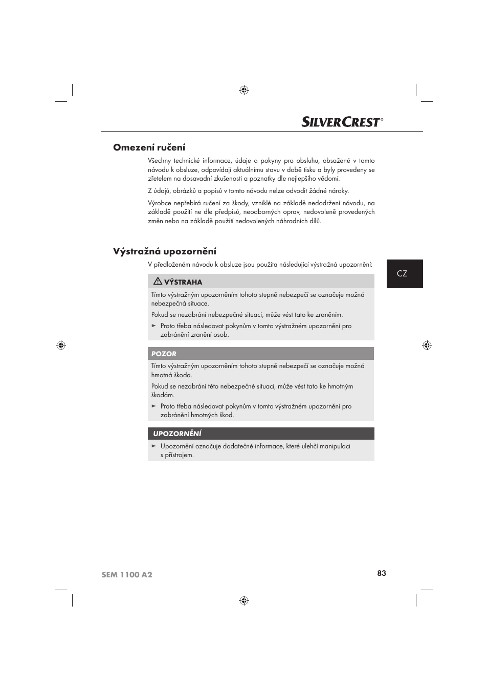 Omezení ručení, Výstražná upozornění | Silvercrest SEM 1100 A2 User Manual | Page 85 / 142