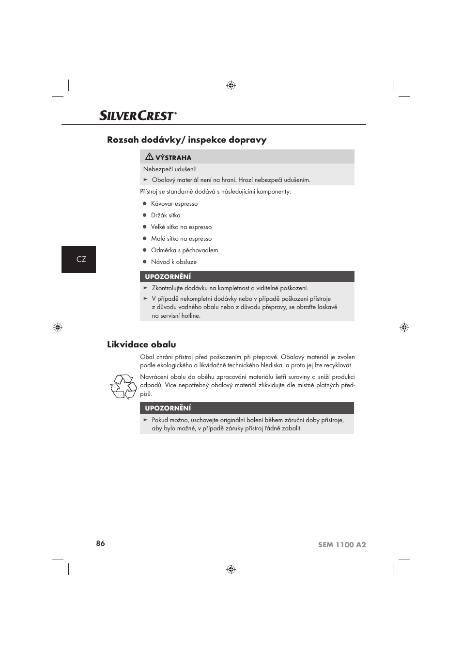 Rozsah dodávky/ inspekce dopravy, Likvidace obalu | Silvercrest SEM 1100 A2 User Manual | Page 88 / 142