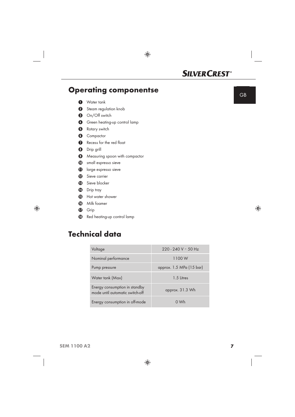 Operating componentse, Technical data | Silvercrest SEM 1100 A2 User Manual | Page 9 / 142