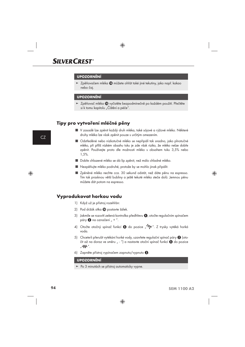 Tipy pro vytvoření mléčné pěny, Vyprodukovat horkou vodu | Silvercrest SEM 1100 A2 User Manual | Page 96 / 142