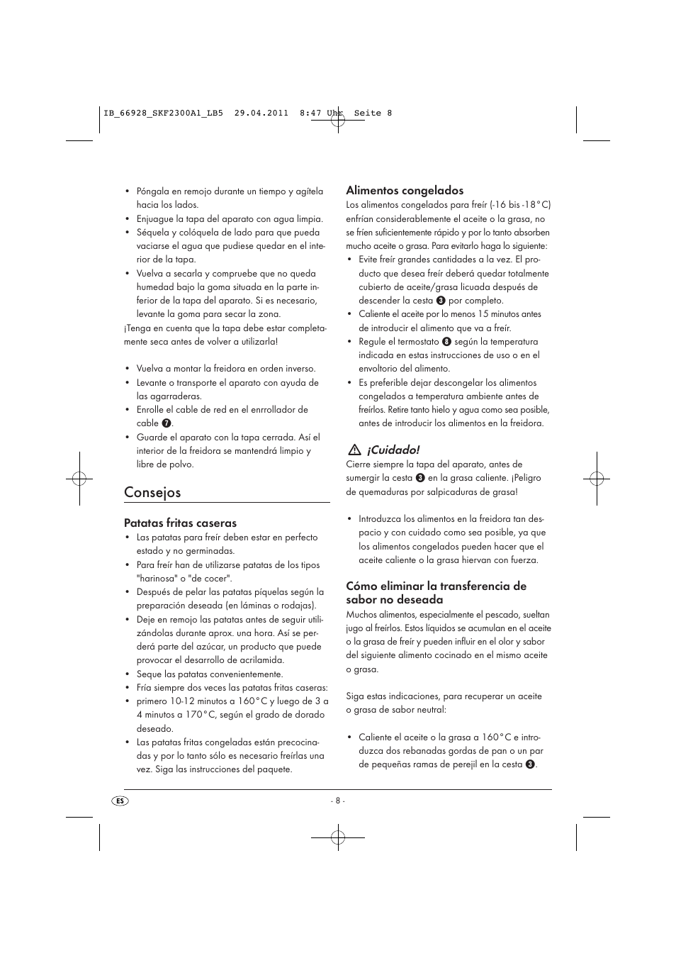 Consejos, Patatas fritas caseras, Alimentos congelados | Cuidado, Cómo eliminar la transferencia de sabor no deseada | Silvercrest SKF 2300 A1 User Manual | Page 10 / 63