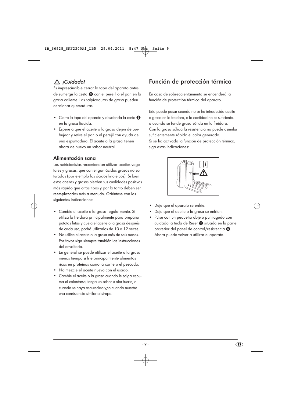 Función de protección térmica, Cuidado, Alimentación sana | Silvercrest SKF 2300 A1 User Manual | Page 11 / 63