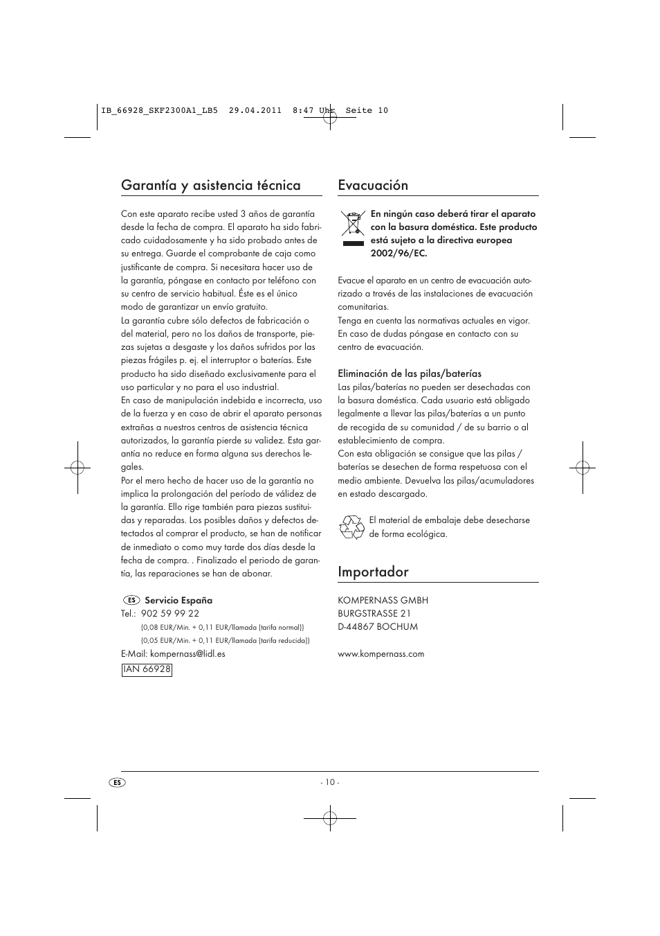 Garantía y asistencia técnica, Evacuación, Importador | Silvercrest SKF 2300 A1 User Manual | Page 12 / 63