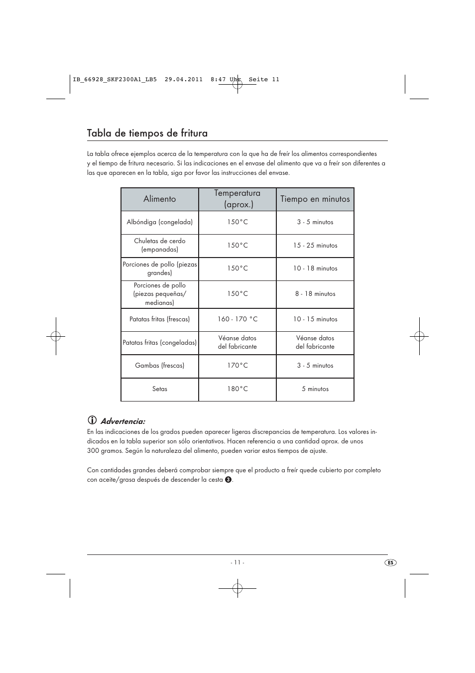 Tabla de tiempos de fritura, Alimento temperatura (aprox.) tiempo en minutos, Advertencia | Silvercrest SKF 2300 A1 User Manual | Page 13 / 63