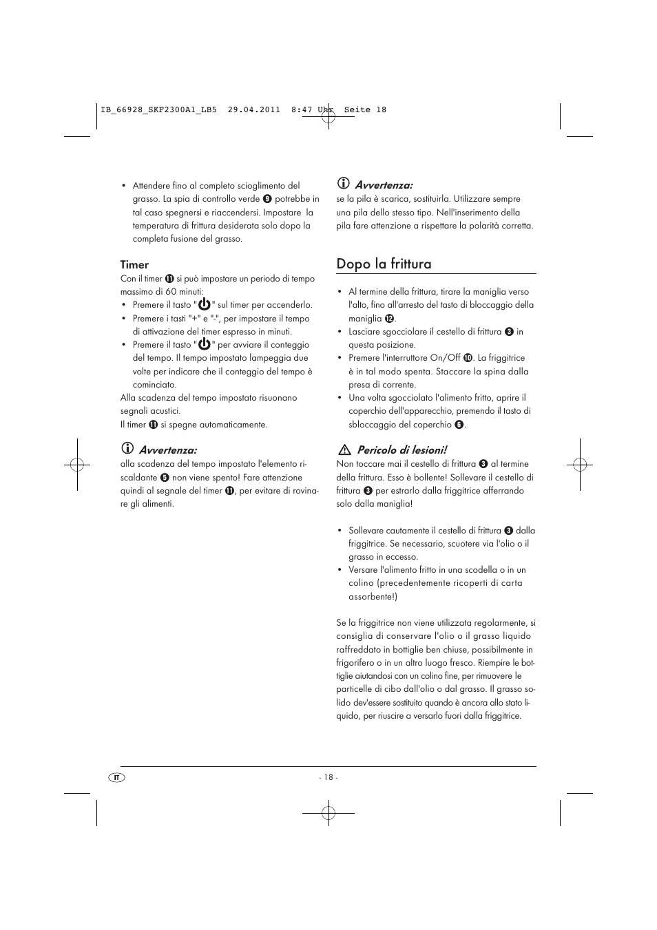Dopo la frittura, Timer, Avvertenza | Pericolo di lesioni | Silvercrest SKF 2300 A1 User Manual | Page 20 / 63