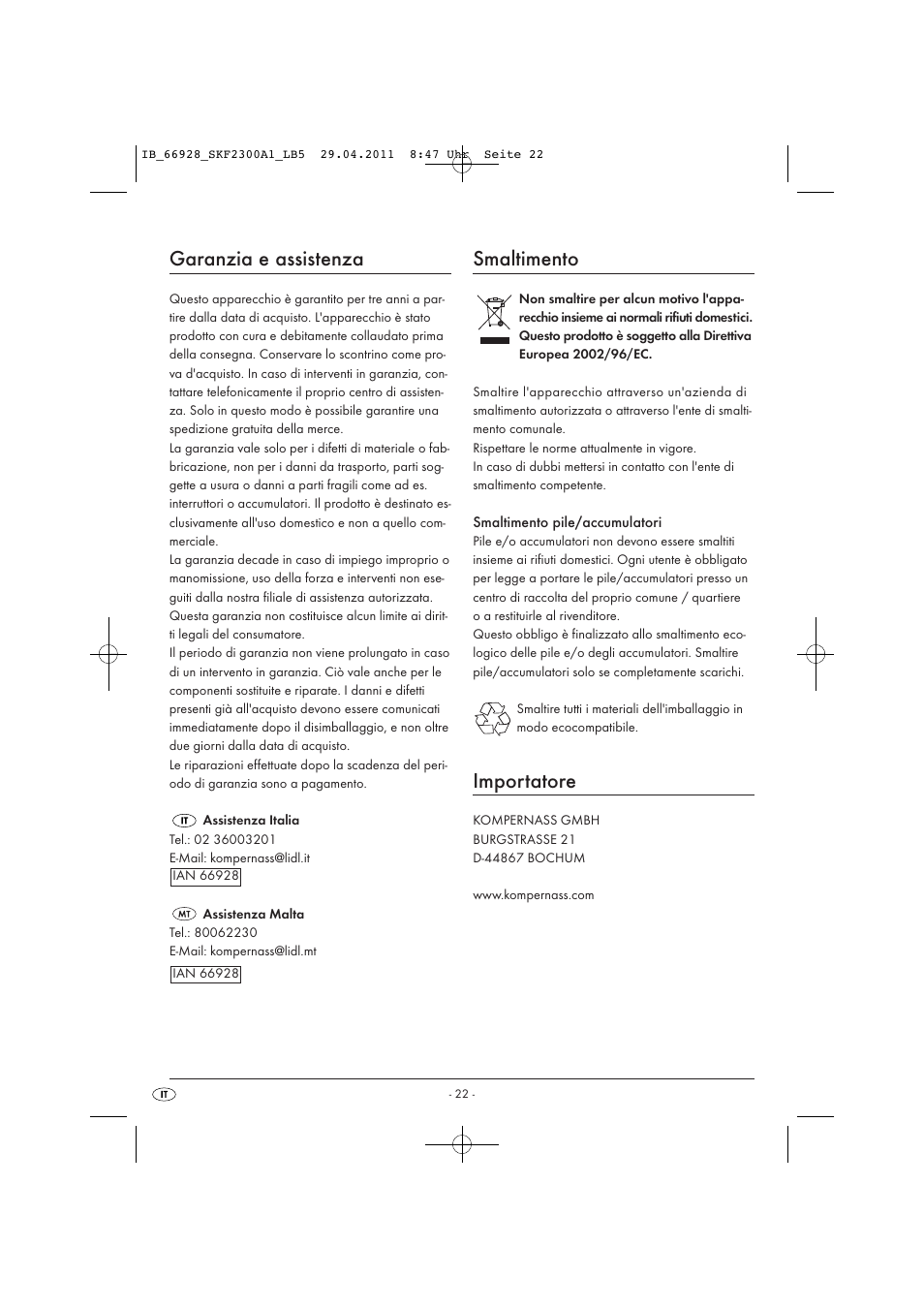 Garanzia e assistenza, Smaltimento, Importatore | Silvercrest SKF 2300 A1 User Manual | Page 24 / 63