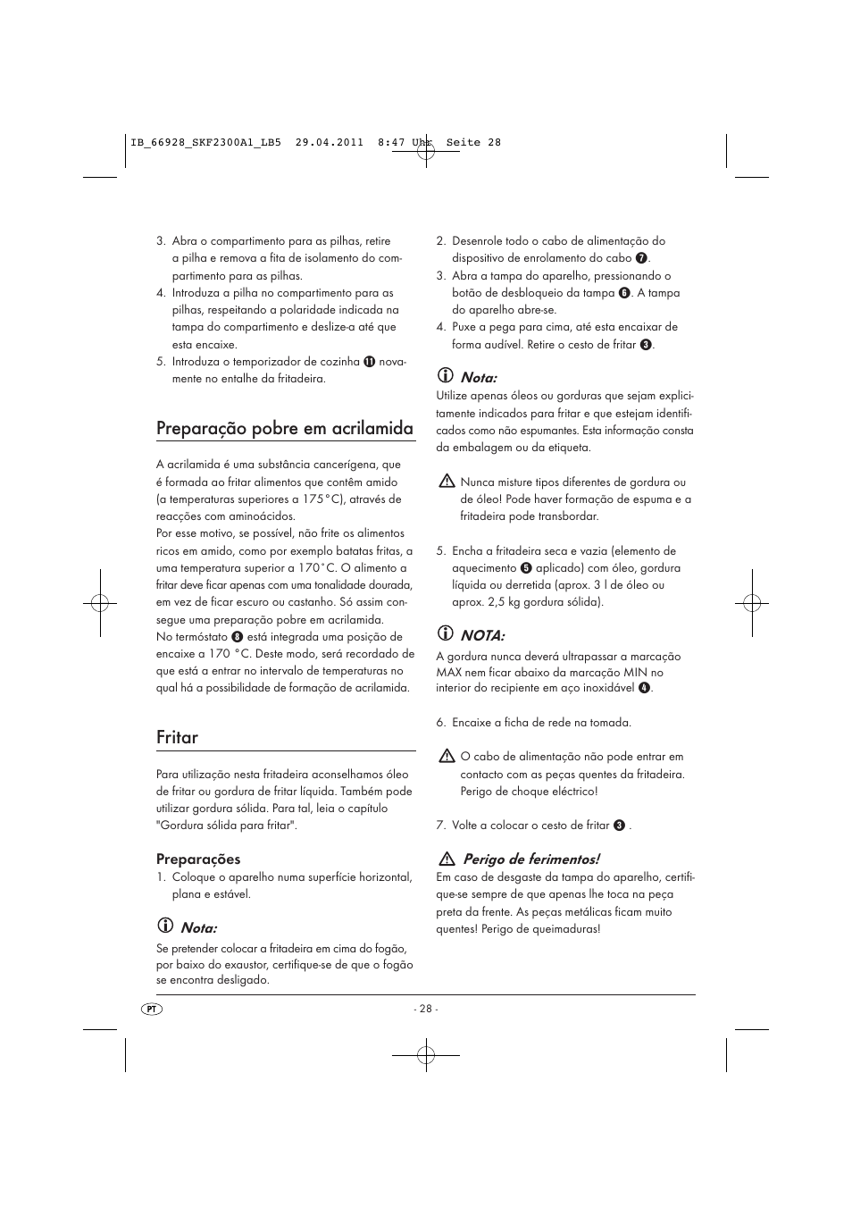 Preparação pobre em acrilamida, Fritar, Preparações | Nota, Perigo de ferimentos | Silvercrest SKF 2300 A1 User Manual | Page 30 / 63